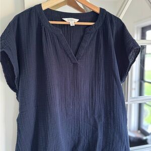 Market & Spruce Blue Ribbed Blouse with Mandarin Collar